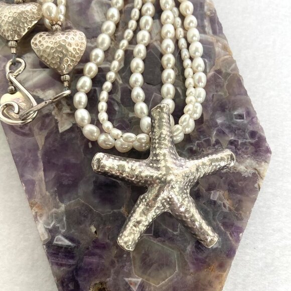 Sterling Silver 925 Layered Triple Strand Freshwater Pearl Starfish Necklace - Picture 4 of 16